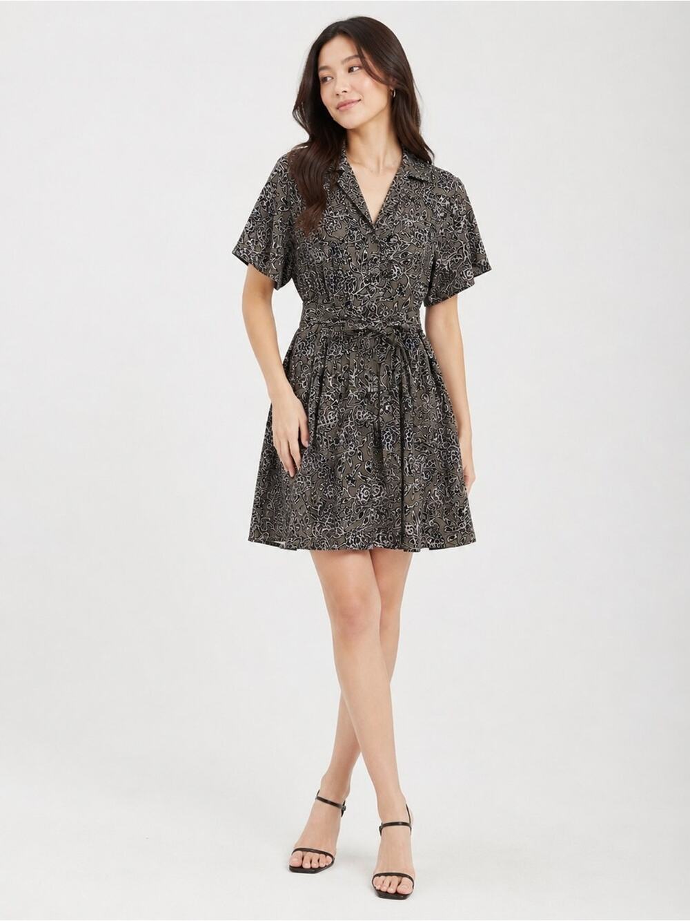 A.L.C. Floral Tie Waist Mini Shirt Dress Size 4 Green Black Short Sleeve